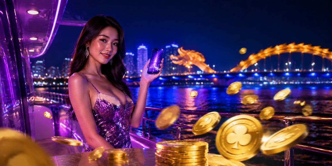 Giao diện casino neon trên điện thoại di động tại Đà Nẵng về đêm
